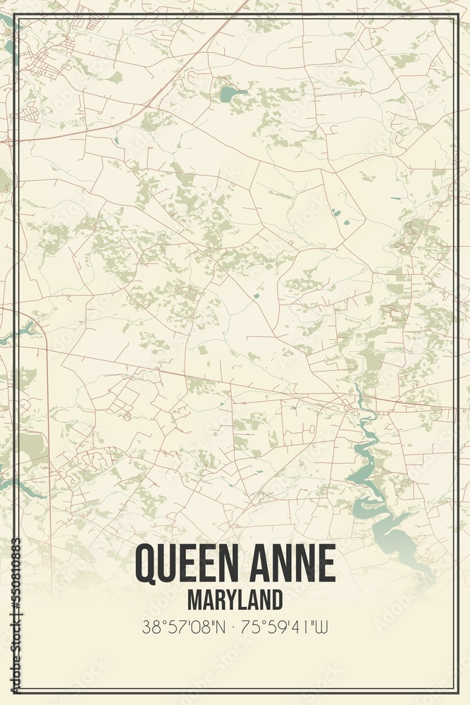 Retro US city map of Queen Anne, Maryland. Vintage street map.