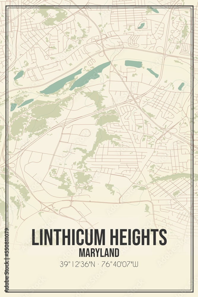 Retro US city map of Linthicum Heights, Maryland. Vintage street map.