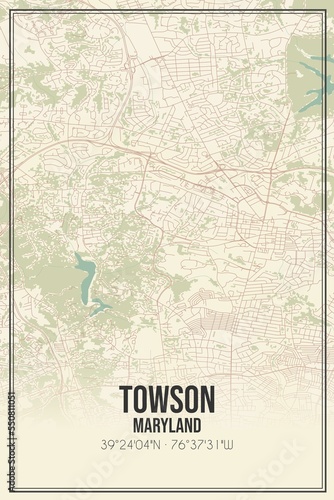 Retro US city map of Towson, Maryland. Vintage street map. photo