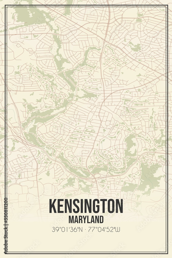 Retro US city map of Kensington, Maryland. Vintage street map.