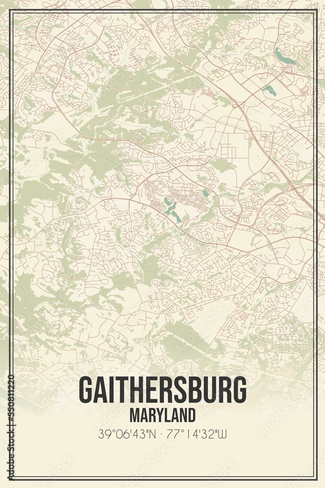 Retro US city map of Gaithersburg, Maryland. Vintage street map.