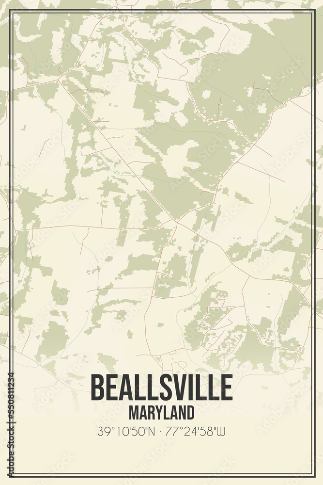Retro US city map of Beallsville, Maryland. Vintage street map.