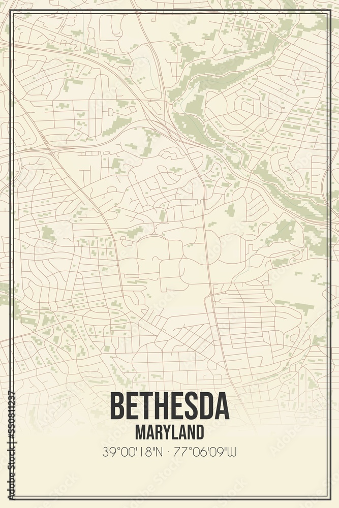 Retro US city map of Bethesda, Maryland. Vintage street map.