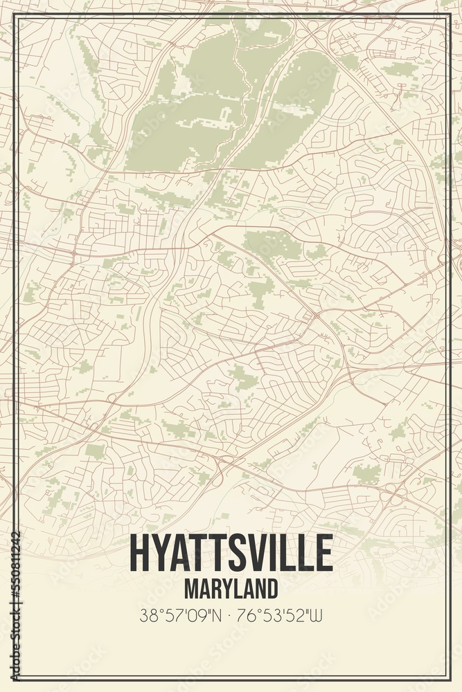 Retro US city map of Hyattsville, Maryland. Vintage street map.