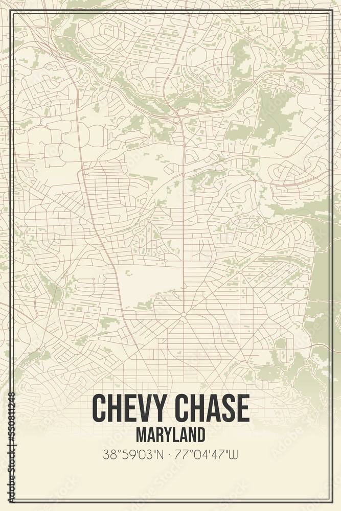 Retro US city map of Chevy Chase, Maryland. Vintage street map.