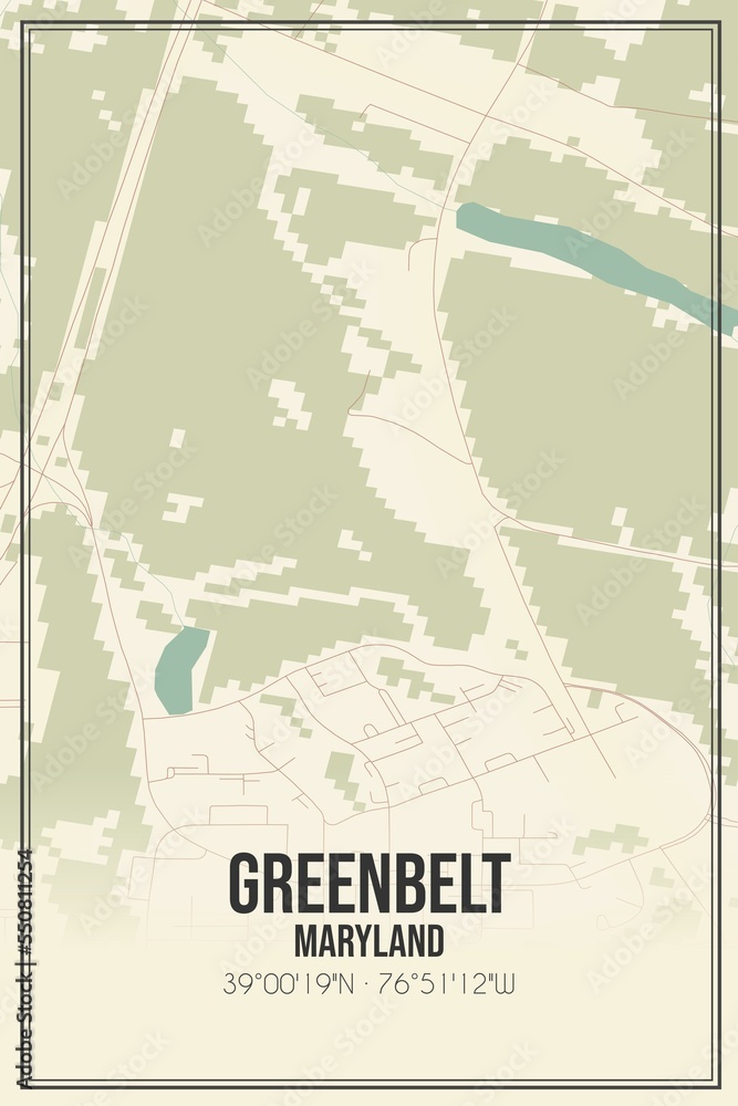 Retro US city map of Greenbelt, Maryland. Vintage street map.