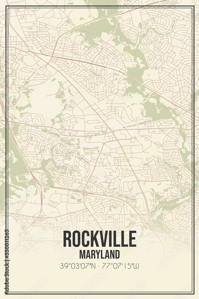 Retro US city map of Rockville, Maryland. Vintage street map.