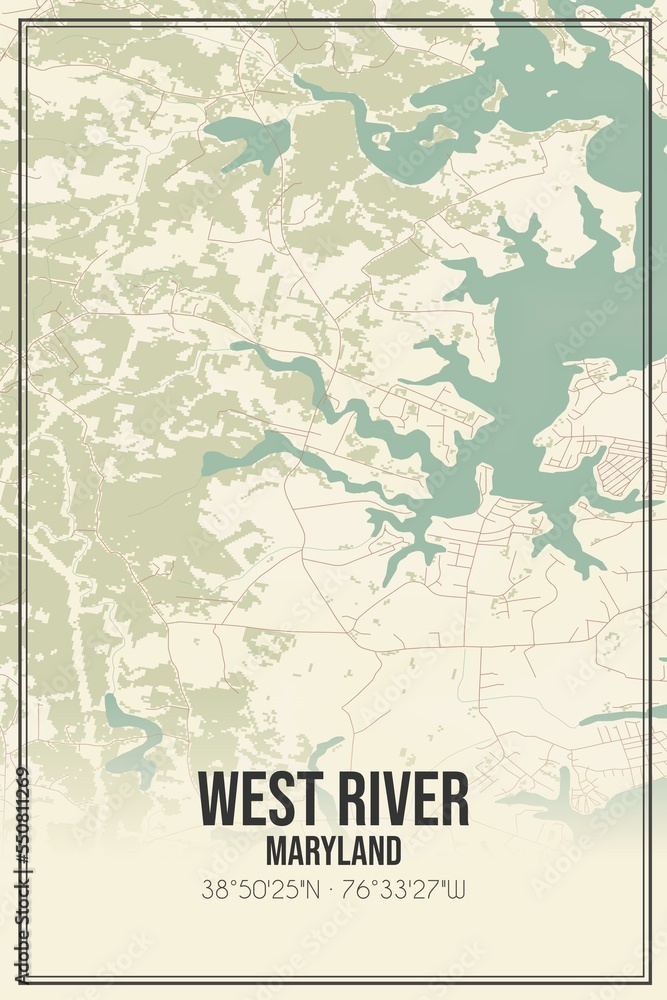 Fototapeta premium Retro US city map of West River, Maryland. Vintage street map.