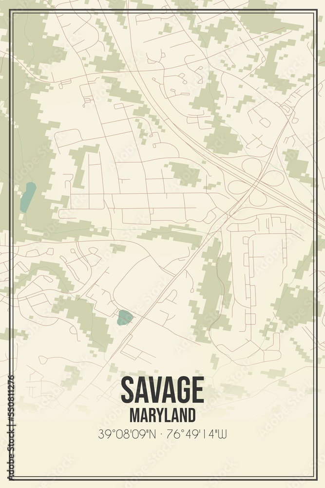Fototapeta premium Retro US city map of Savage, Maryland. Vintage street map.