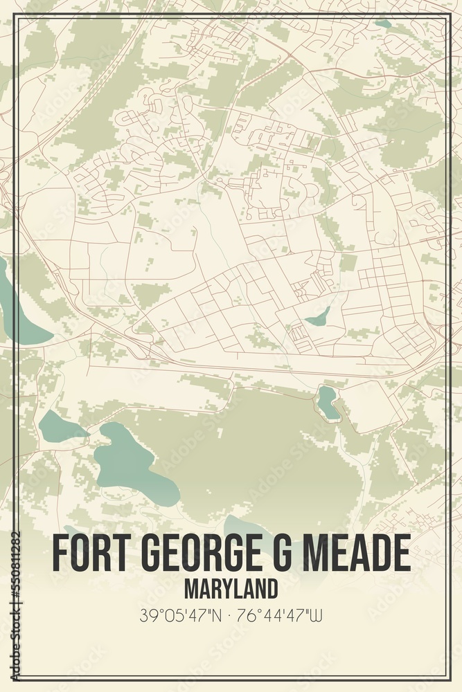 Retro US city map of Fort George G Meade, Maryland. Vintage street map.