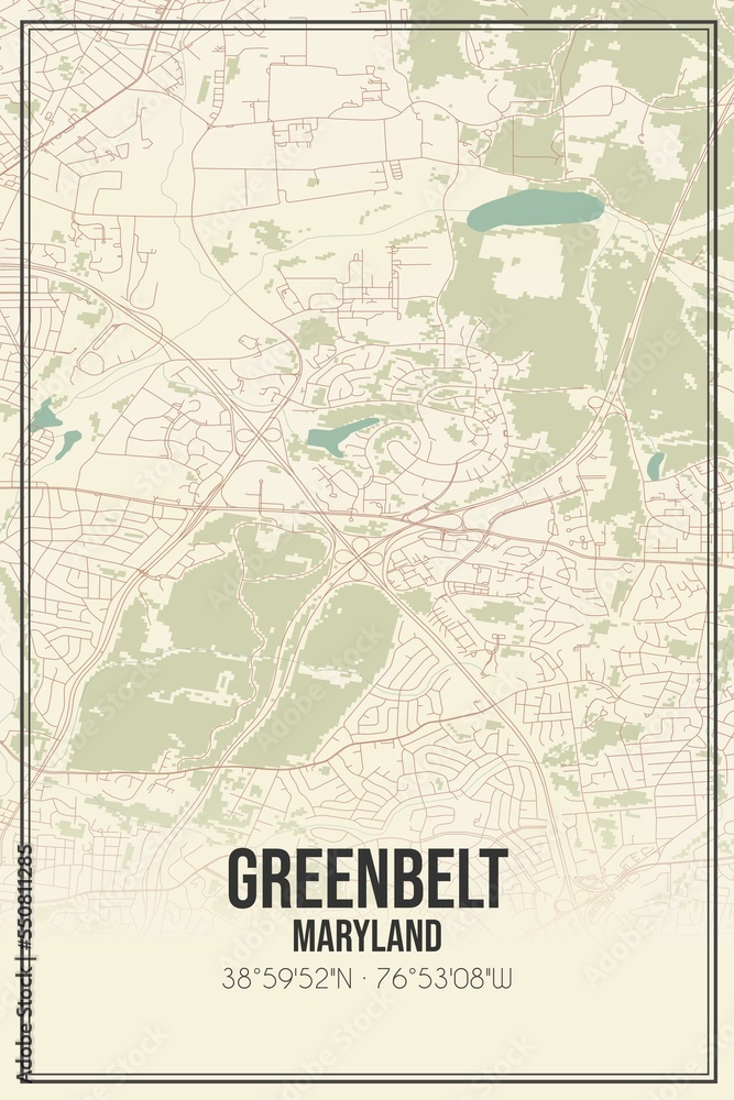 Obraz premium Retro US city map of Greenbelt, Maryland. Vintage street map.
