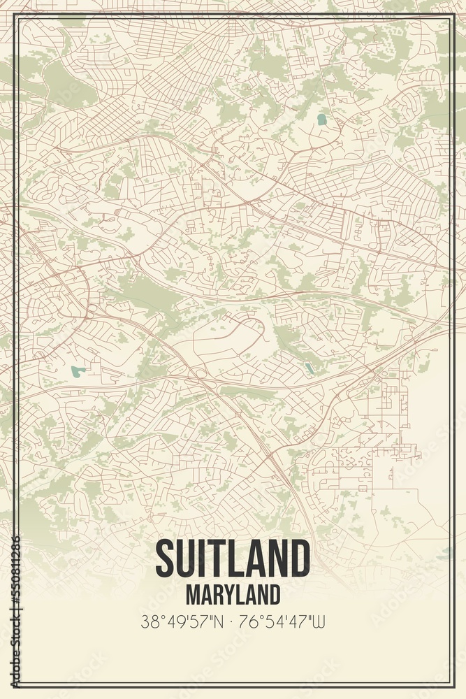 Retro US city map of Suitland, Maryland. Vintage street map.