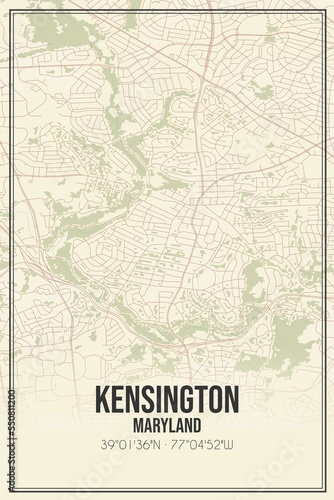 Fototapeta Naklejka Na Ścianę i Meble -  Retro US city map of Kensington, Maryland. Vintage street map.