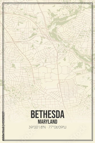 Retro US city map of Bethesda  Maryland. Vintage street map.