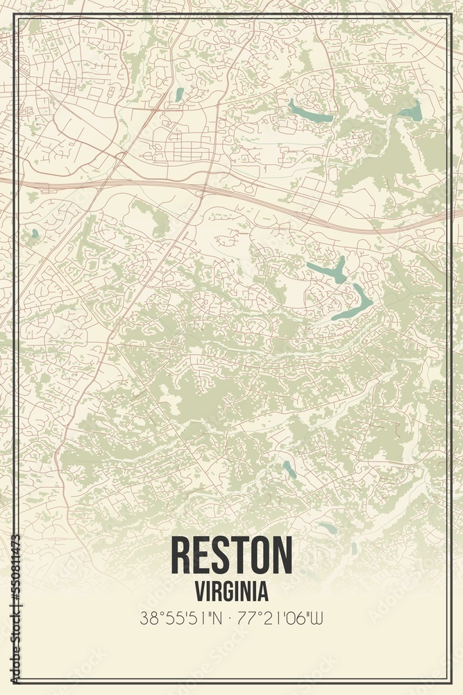 Retro US city map of Reston, Virginia. Vintage street map.