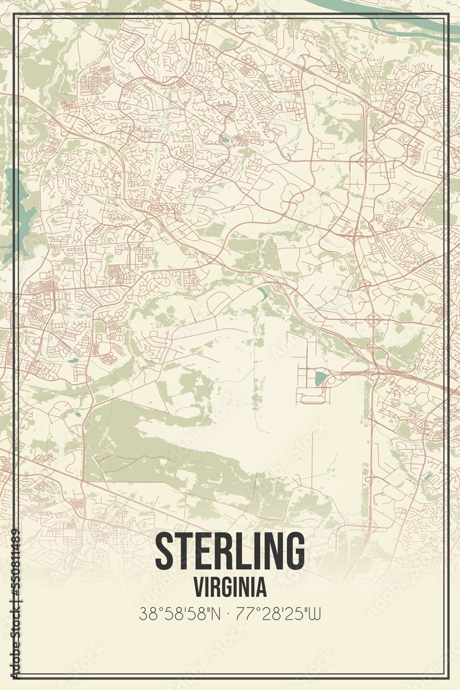 Retro US city map of Sterling, Virginia. Vintage street map.