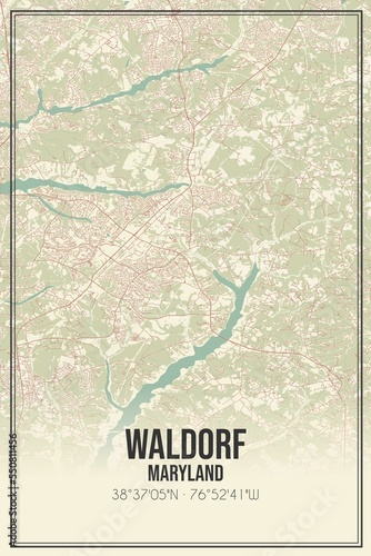 Retro US city map of Waldorf, Maryland. Vintage street map.