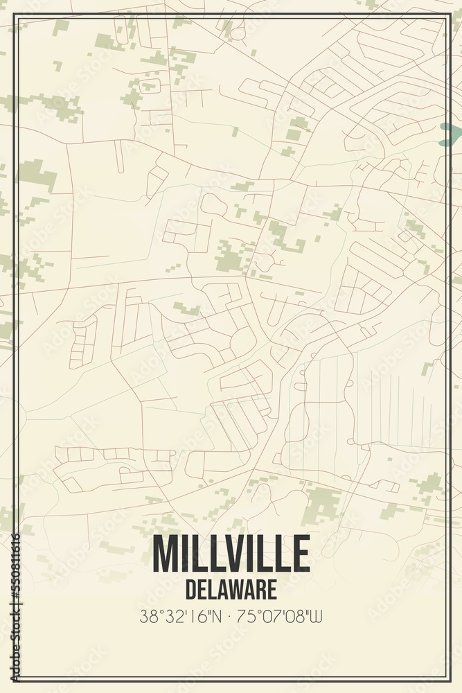 Retro US city map of Millville, Delaware. Vintage street map.