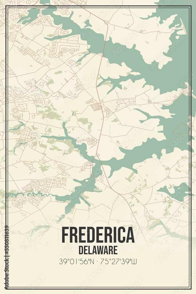 Retro US city map of Frederica, Delaware. Vintage street map.