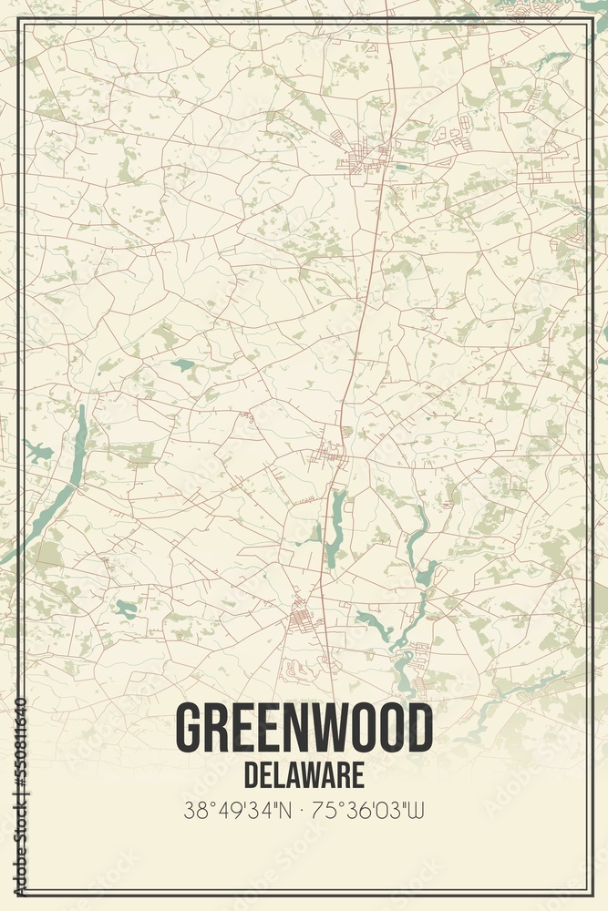 Retro US city map of Greenwood, Delaware. Vintage street map.