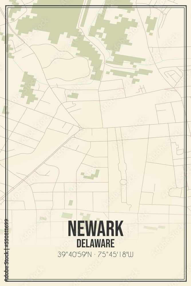 Retro US city map of Newark, Delaware. Vintage street map.