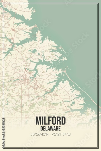 Retro US city map of Milford, Delaware. Vintage street map.
