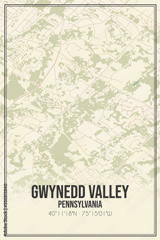 Retro US city map of Gwynedd Valley, Pennsylvania. Vintage street map.