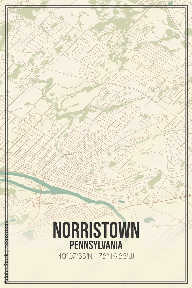 Retro US city map of Norristown, Pennsylvania. Vintage street map.