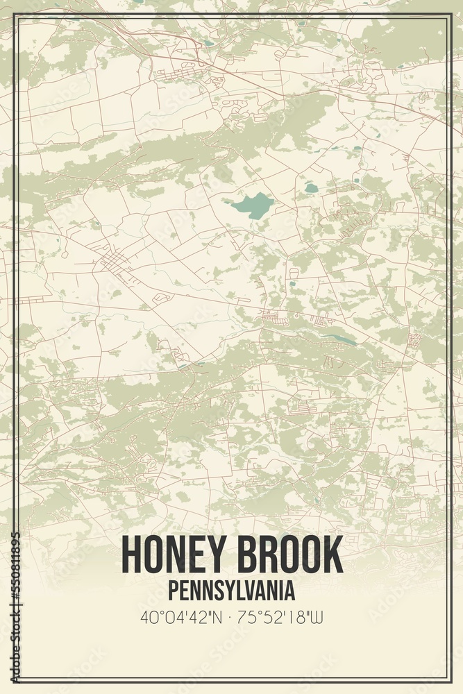 Retro US city map of Honey Brook, Pennsylvania. Vintage street map.