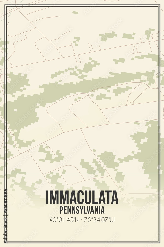 Retro US city map of Immaculata, Pennsylvania. Vintage street map.