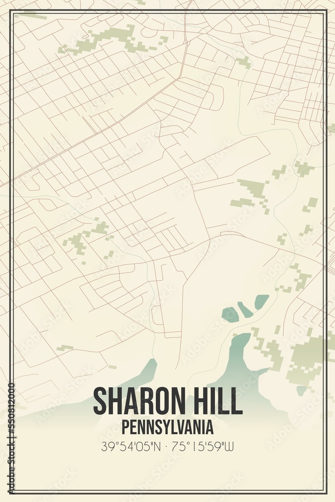 Retro US city map of Sharon Hill, Pennsylvania. Vintage street map.