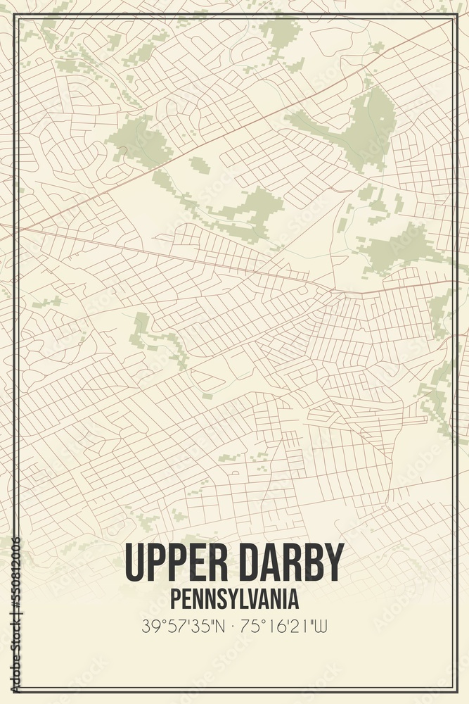 Retro US city map of Upper Darby, Pennsylvania. Vintage street map.