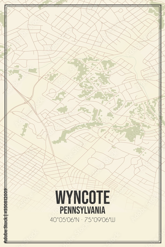 Retro US city map of Wyncote, Pennsylvania. Vintage street map.