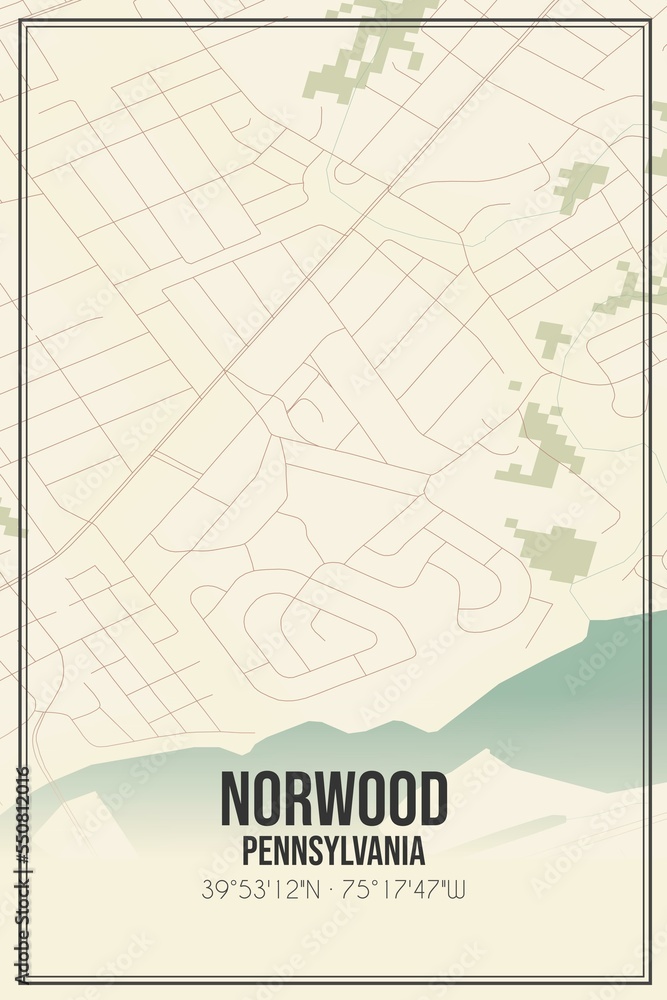 Retro US city map of Norwood, Pennsylvania. Vintage street map.