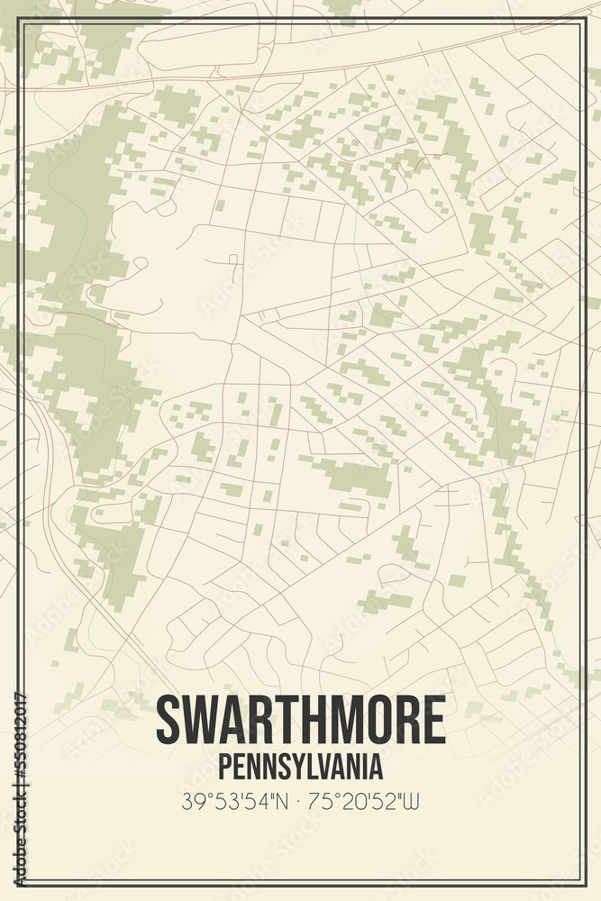 Retro US city map of Swarthmore, Pennsylvania. Vintage street map.