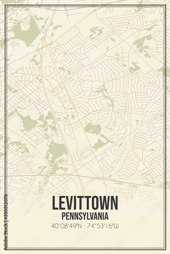 Retro US city map of Levittown, Pennsylvania. Vintage street map.