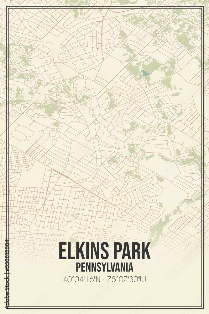 Retro US city map of Elkins Park, Pennsylvania. Vintage street map.