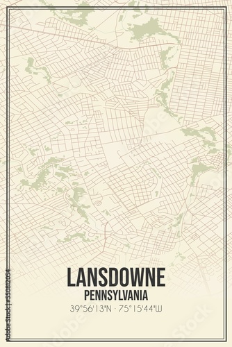 Retro US city map of Lansdowne, Pennsylvania. Vintage street map. photo