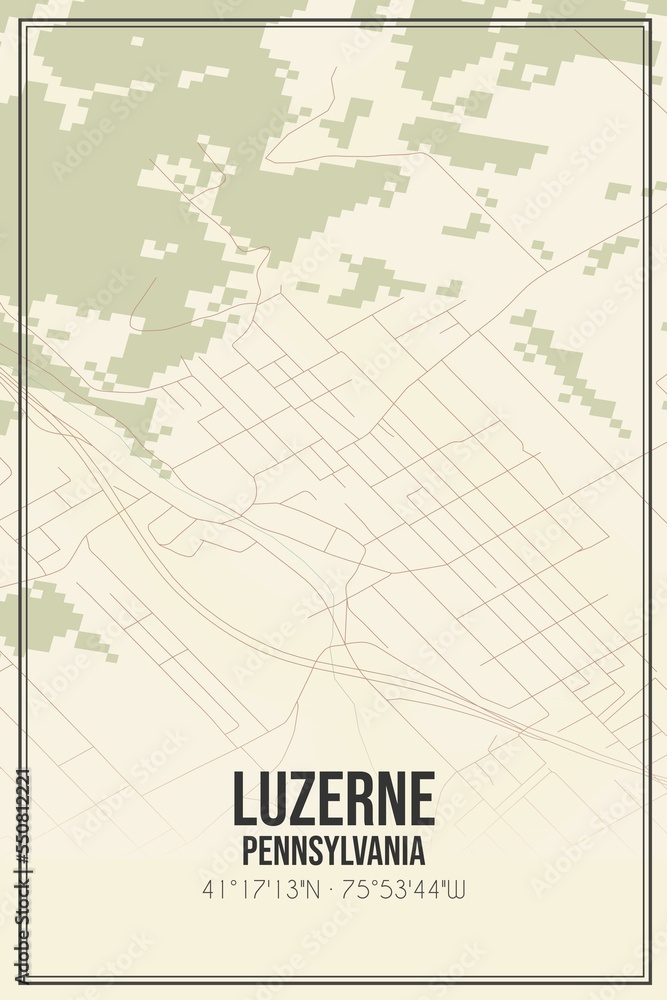 Retro US city map of Luzerne, Pennsylvania. Vintage street map.