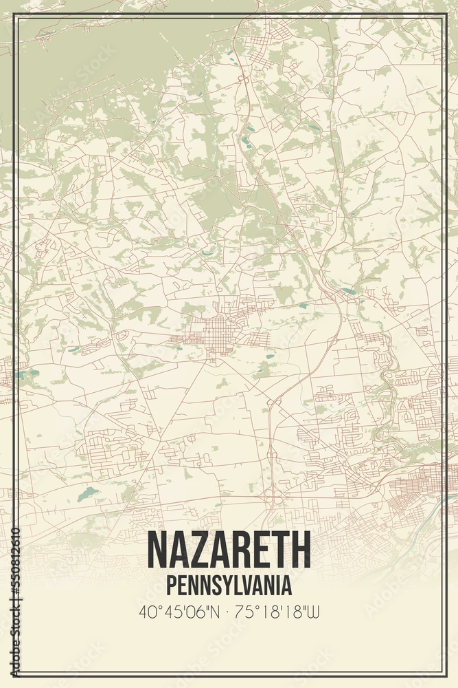 Retro US city map of Nazareth, Pennsylvania. Vintage street map.