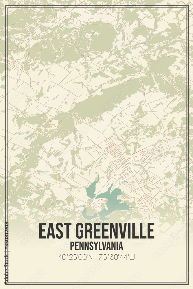 Retro US city map of East Greenville, Pennsylvania. Vintage street map.