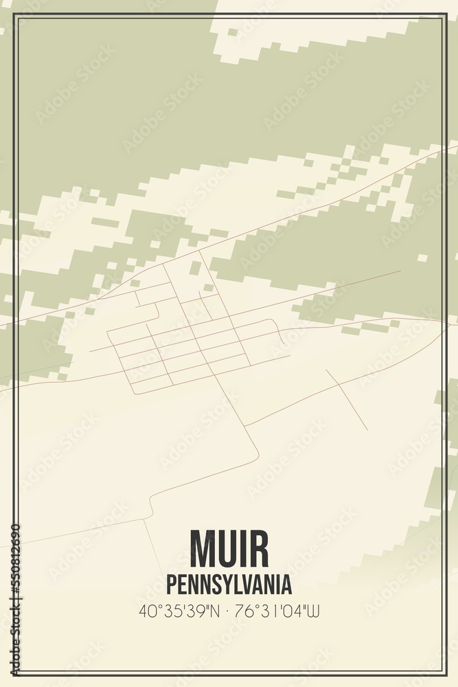 Retro US city map of Muir, Pennsylvania. Vintage street map.
