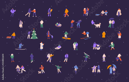 Winter holiday funs and outdoor leisure activities set. Active people on snowboard, ski, skate, sleigh at wintertime. Families, kids, couples, friends in cold weather. Flat vector illustrations