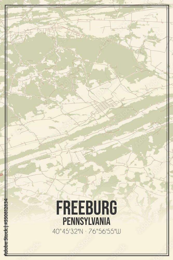 Retro US city map of Freeburg, Pennsylvania. Vintage street map.