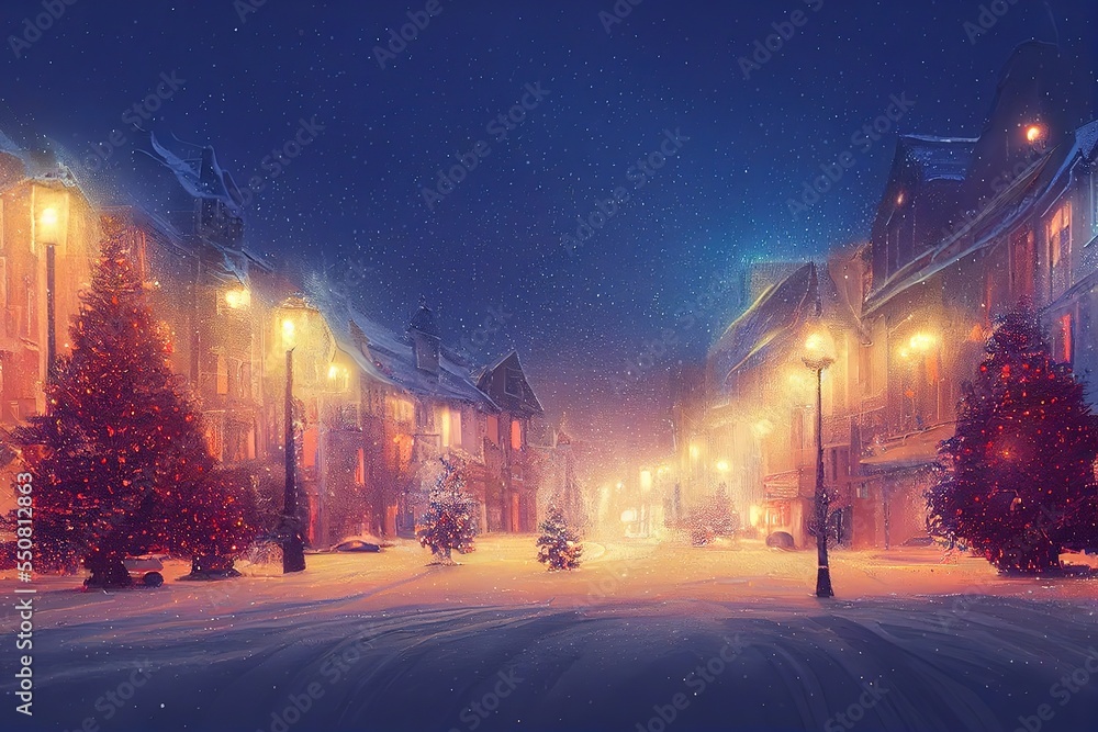 A Beautiful digital artwork of Snowy street with Christmas trees and