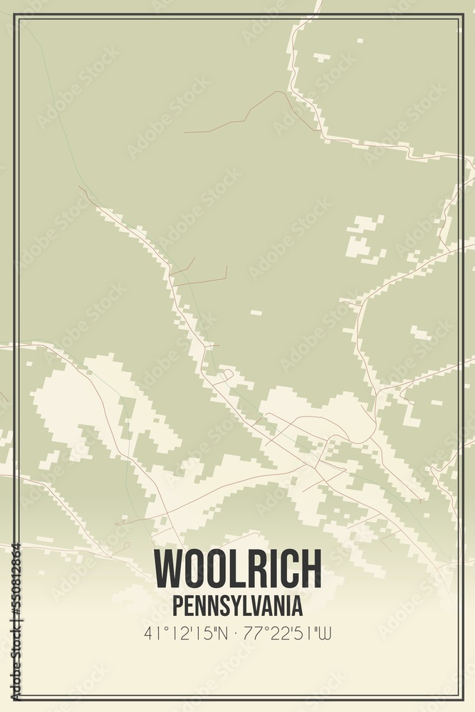 Retro US city map of Woolrich, Pennsylvania. Vintage street map.