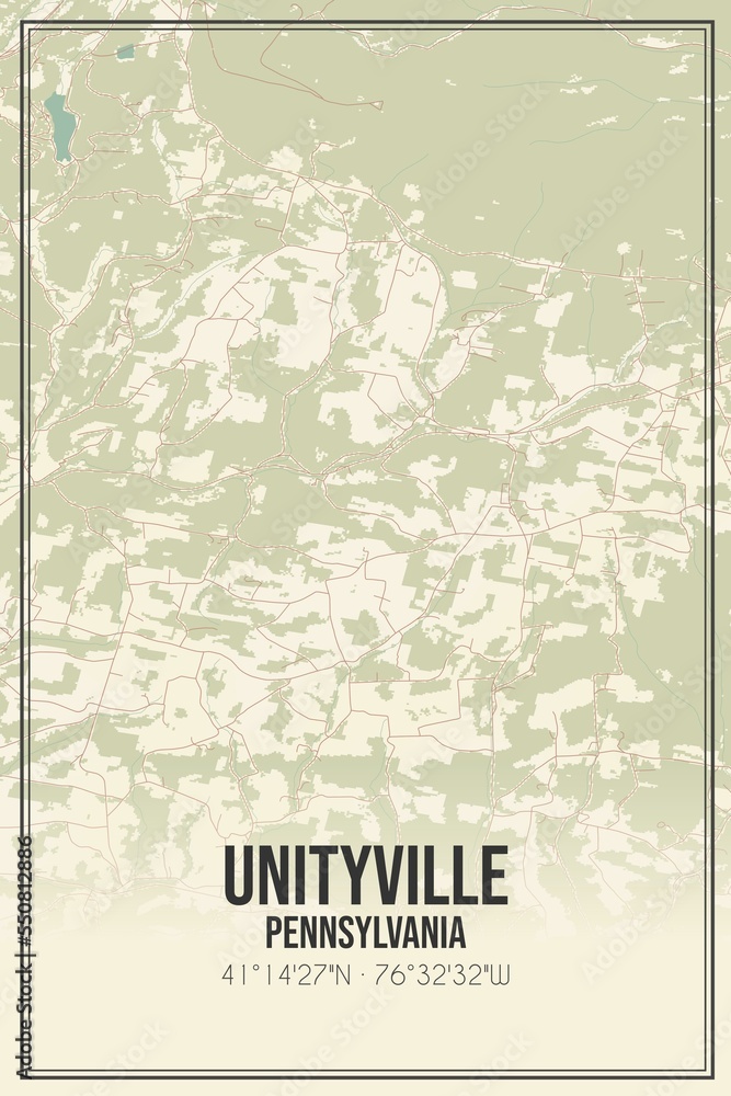 Retro US city map of Unityville, Pennsylvania. Vintage street map.
