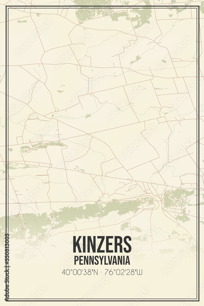 Retro US city map of Kinzers, Pennsylvania. Vintage street map.