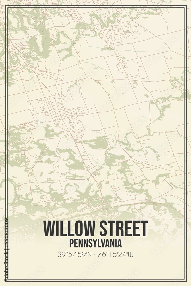 Retro US city map of Willow Street, Pennsylvania. Vintage street map.