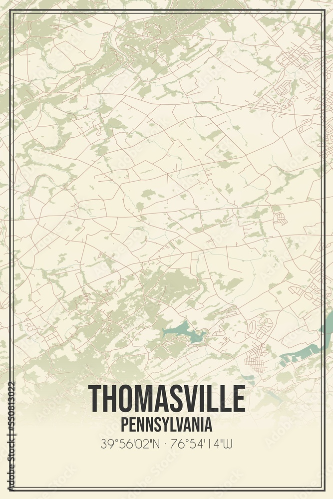 Retro US city map of Thomasville, Pennsylvania. Vintage street map.